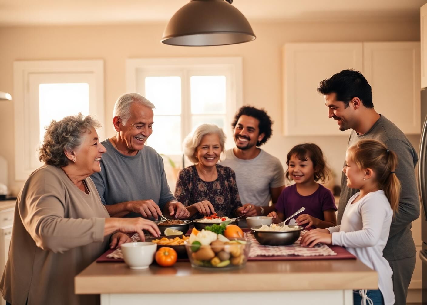 A multigenerational family cooking together around a sunlit kitchen island