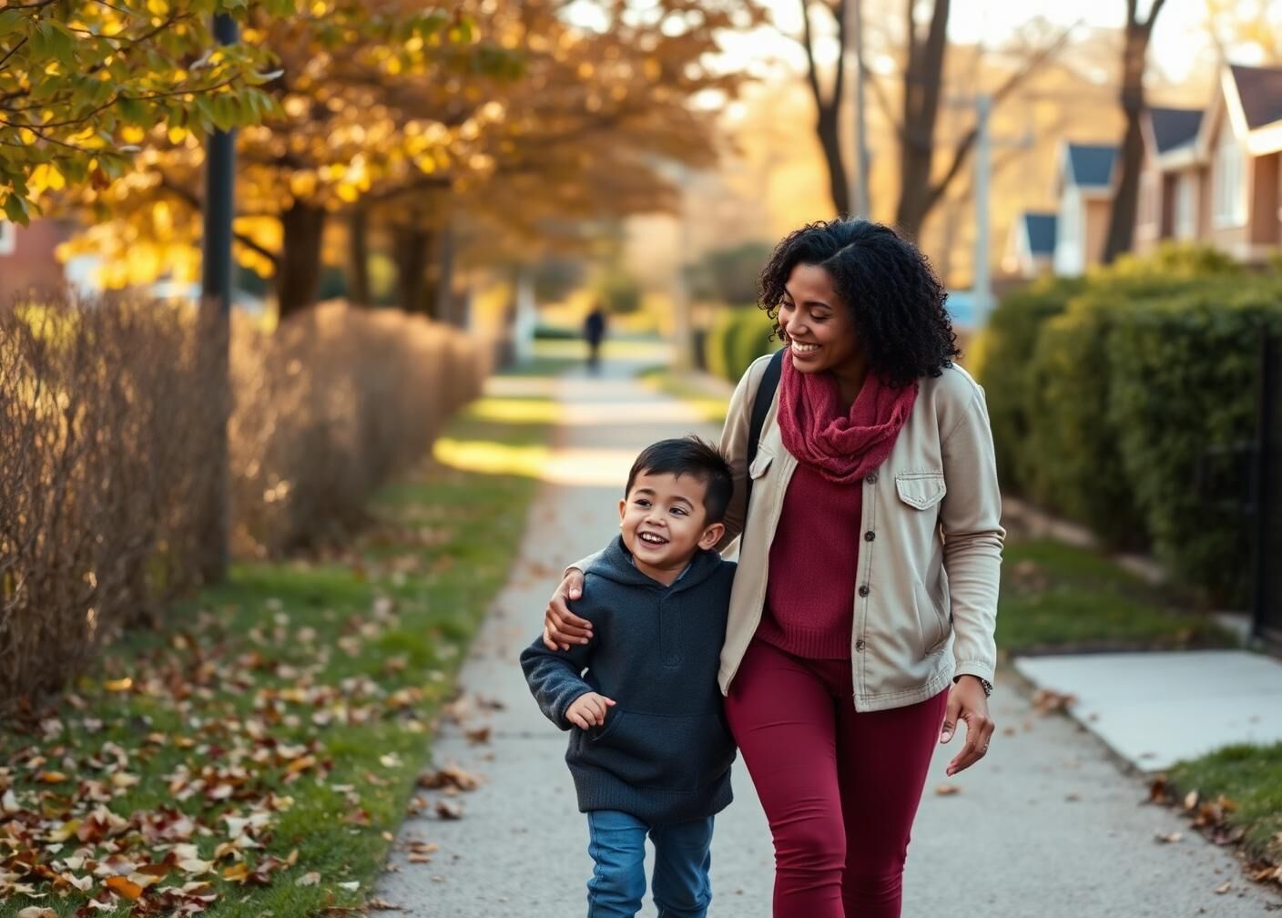 A support professional and a child walking together along a tree-lined neighborhood path