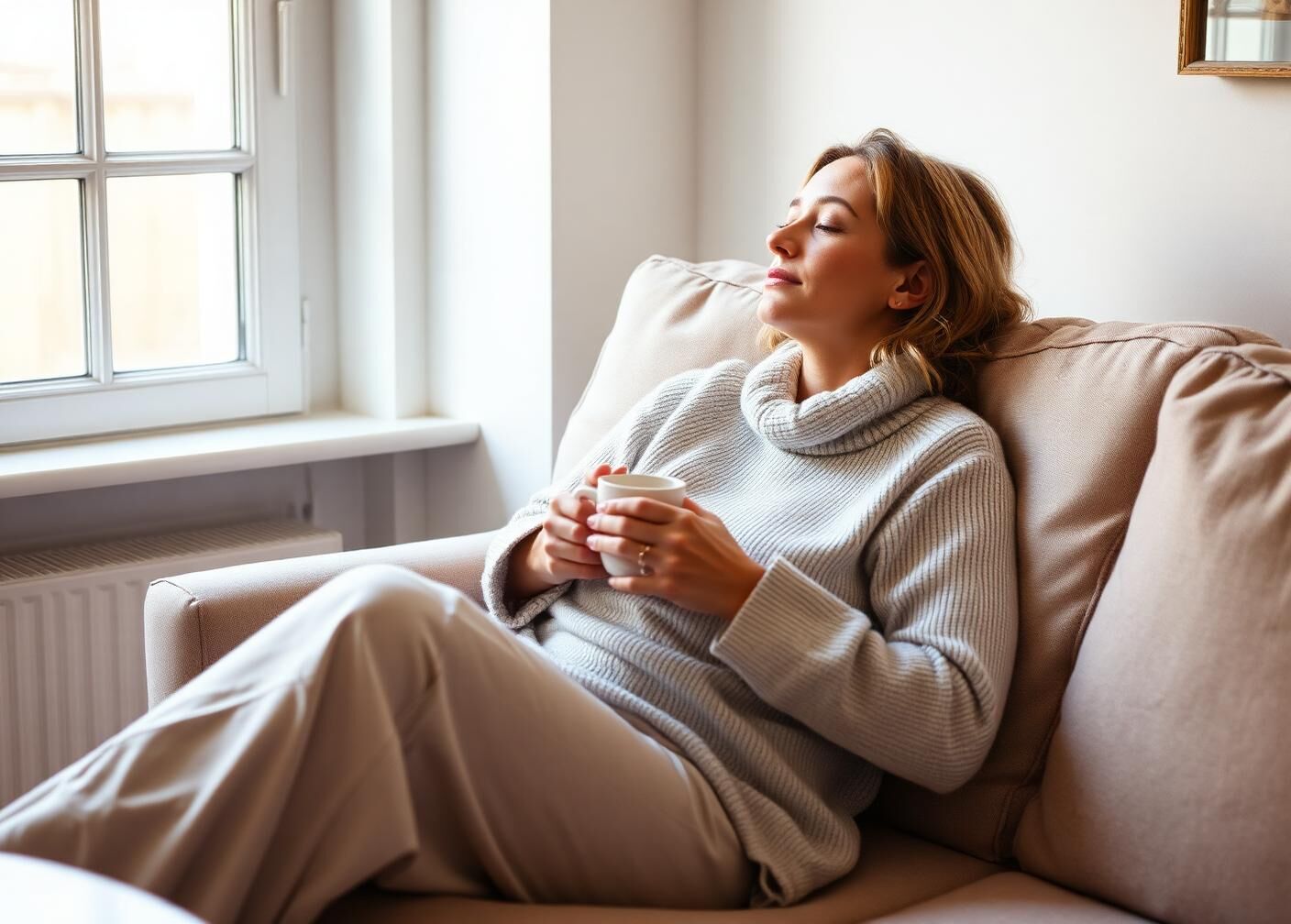 A parent resting quietly with a warm drink by a bright window