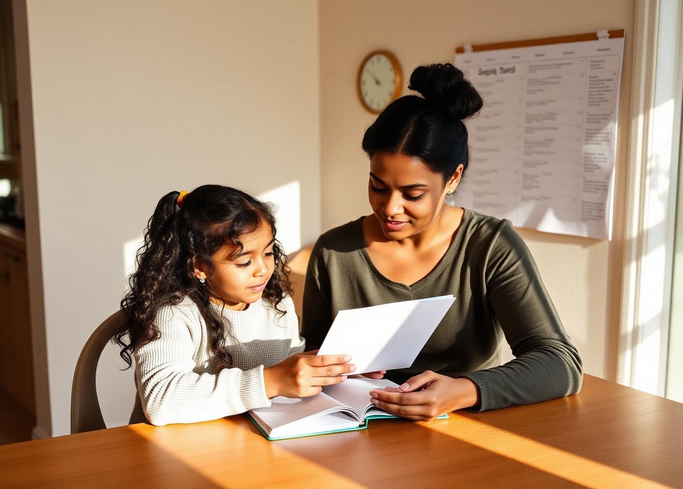 A parent and child planning the week together at a sunlit dining table
