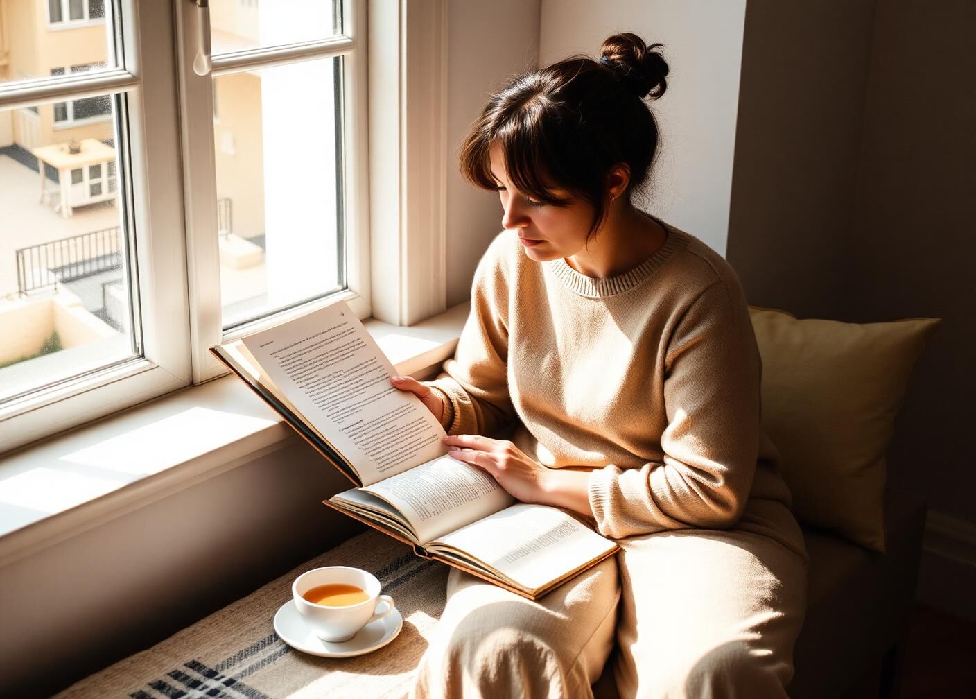 A parent reading a family guide on a sunlit window seat with a cup of tea